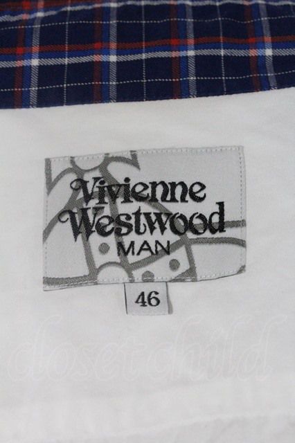 【USED】Vivienne Westwood MAN / チェック襟オーブ刺繍シャツヴィヴィアンウエストウッド ビビアン46 白Ｘ紺チェック  【中古】 I-24-03-07-021-bl-HD-ZI